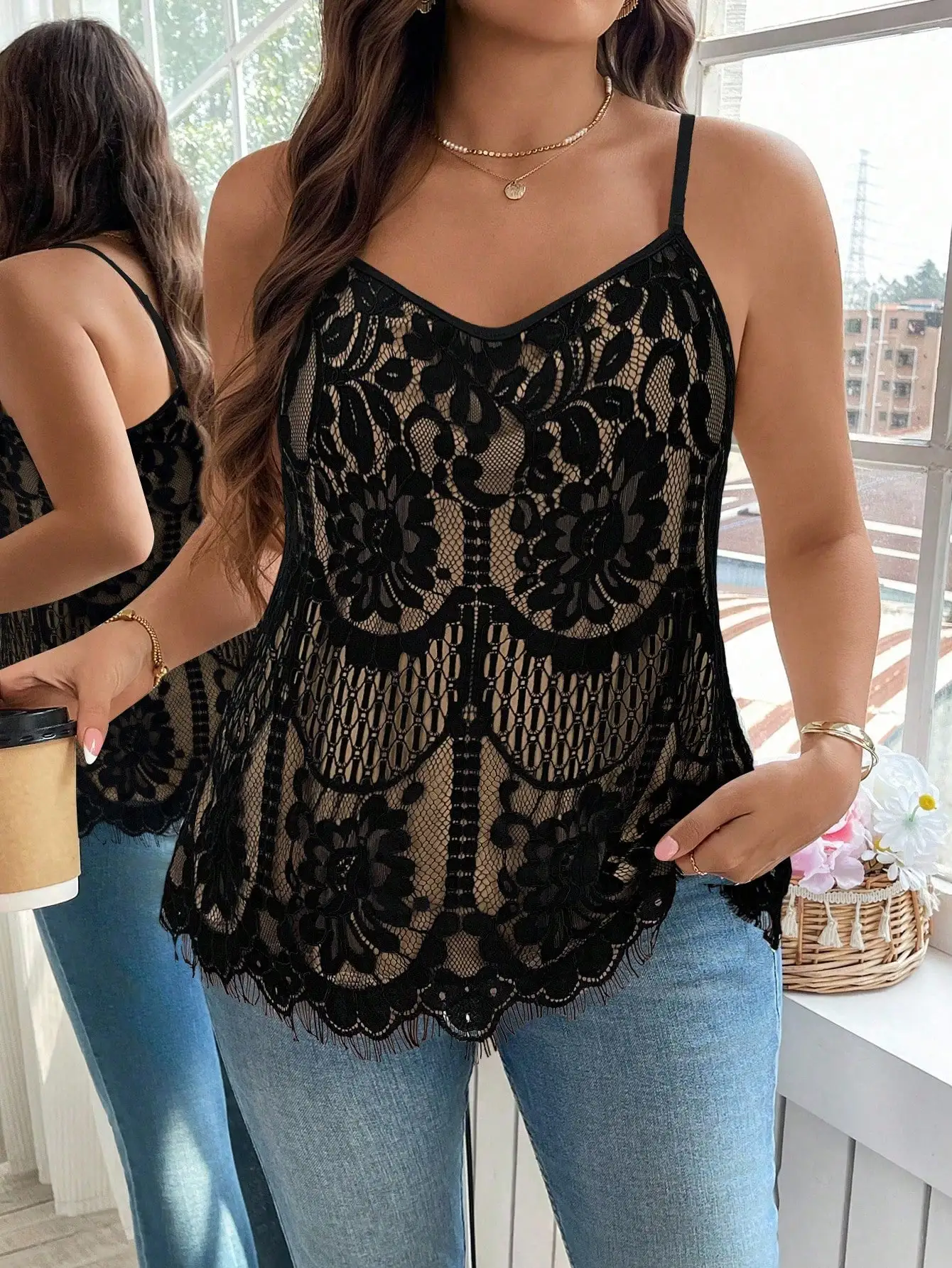 

Black Floral Lace Camisole Top for Women - Summer Casual Vacation Wear with V-Neck and Thin Straps