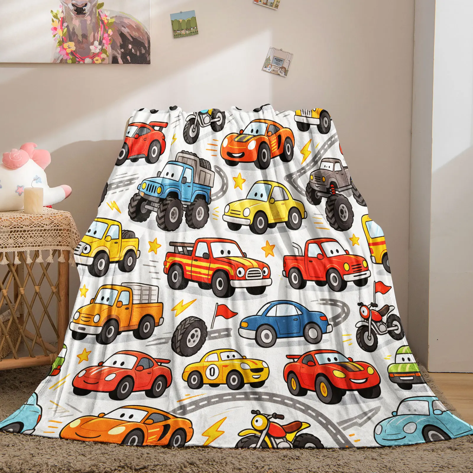 Cartoon Anthropomorphic Racing Car Monster Truck Pickup Motorcycle Print Flannel Throw Blanket Warm Sofa Travel Camping Blanket