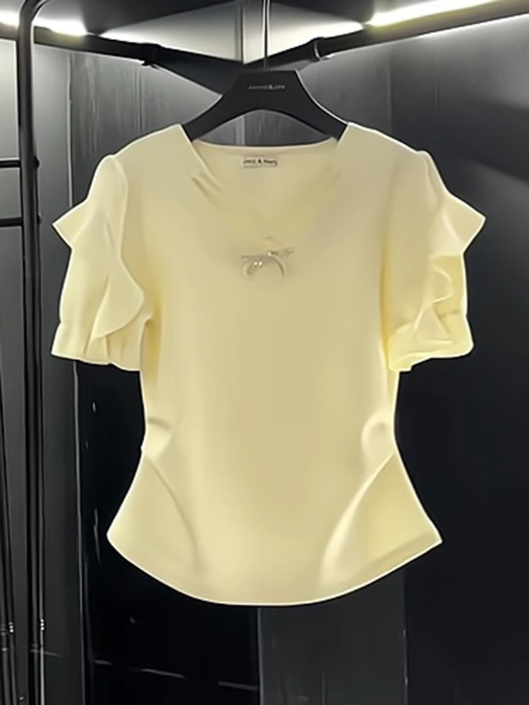 

Summer New Design Yellow V-ne Korean Sle Women's T-irt Waist-cinching ort Sve Knot Versatile Ele Top