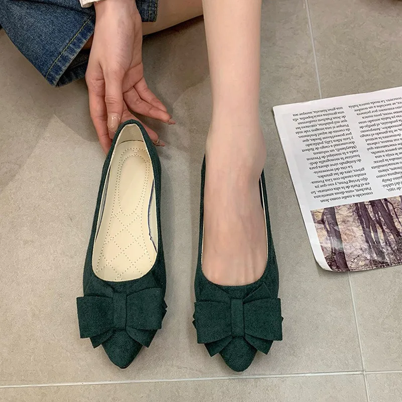 Woman Gentle Wedding Bridal Barefoot Flats Female Butterfly Knots Basic Suede Shoes Lady Pointed Toe Slip On Cinderella Shoes