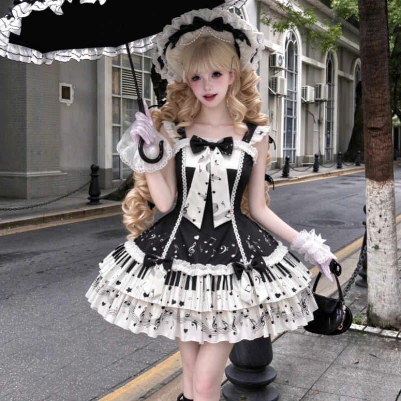 Girls Japanese Kawaii Lolita JSK Strap Dress Sweet Y2K Fashion Lace Sleeveless A-line Princess Holiday Casual Cosplay Outfit