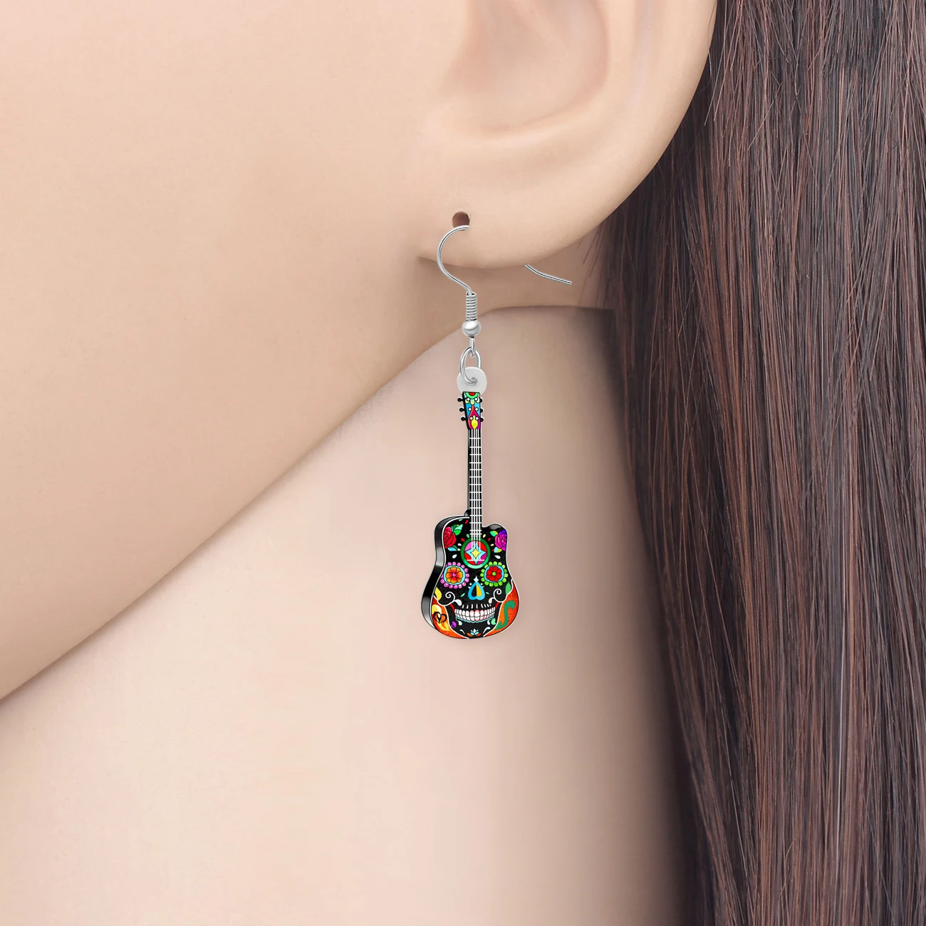 Bonsny Halloween Acrylic Skull Floral Guitar Earrings Dangle Drop Instruments Punk Jewelry Charms Gifts For Women Girls Teens