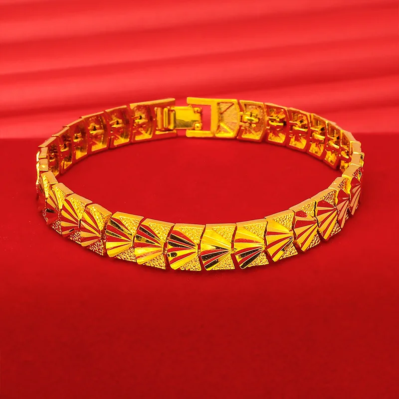 XT Fashion 24K Real Gold Color Bracelet 8mm Wide For Women Men\'s Elegant Gold Plated Chain Bracelets Jewelry Gifts 18.5cm