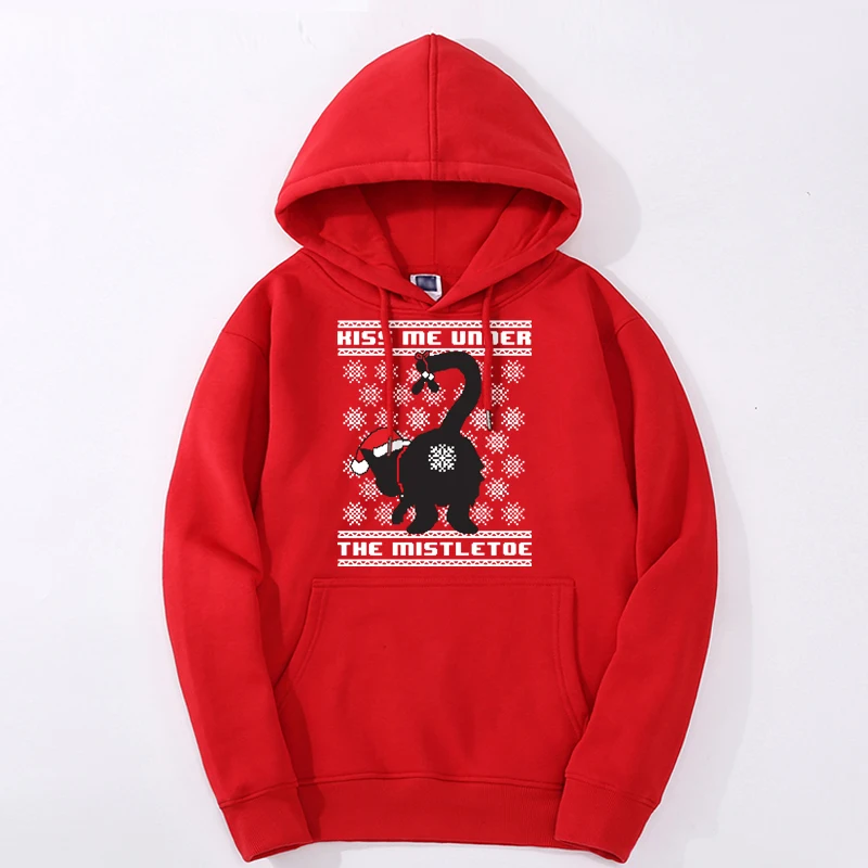 

Christmas Hoodies Kiss Me Cute Santa Cat Printed Thick Fitness Moletom High Street Men Top Hip Hop Casual Sweatshirt Clothes