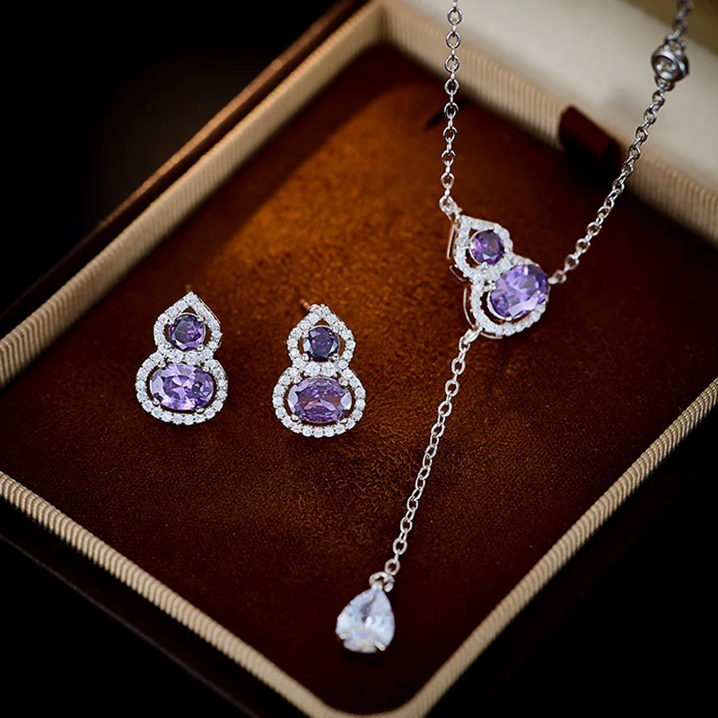 

Фиолетовый аура, циркон, привлекательные серьги в виде тыквы, ожерелье, комплект ювелирных изделий, весна-лето, универсальная цепочка на ключицу для поездок на работу, Acce