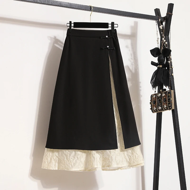 

Новая китайская длинная юбка с вышитыми пуговицами Bla с асимметричным подолом, большие размеры, женская весенне-осенняя утягивающая дизайнерская иллюзор...