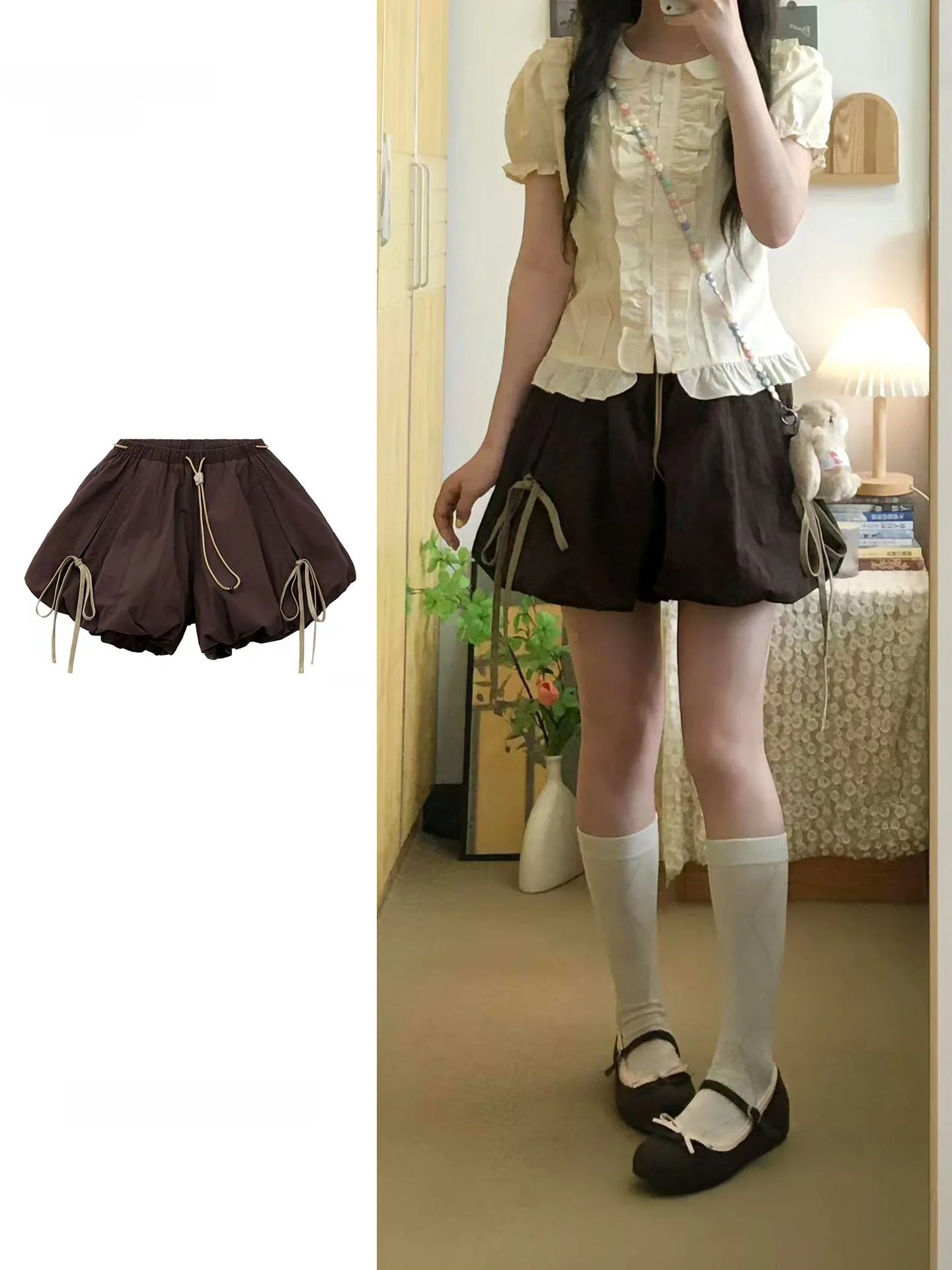 

Retro Brown A-Line Wide Leg Flower Bud Shorts Women's Summer Cloud Lantern Short Puffy Half Skirt Pants High Waist Cake Skirt...
