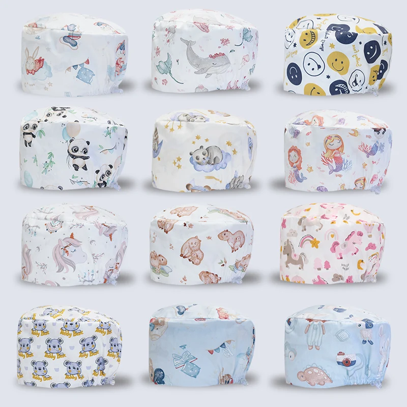 Cute Cartoon Printing Scrub Cap wygodna czapka pielęgniarki na długie włosy damska czepek chirurgiczny oddychająca dentysta nakrycie głowy do