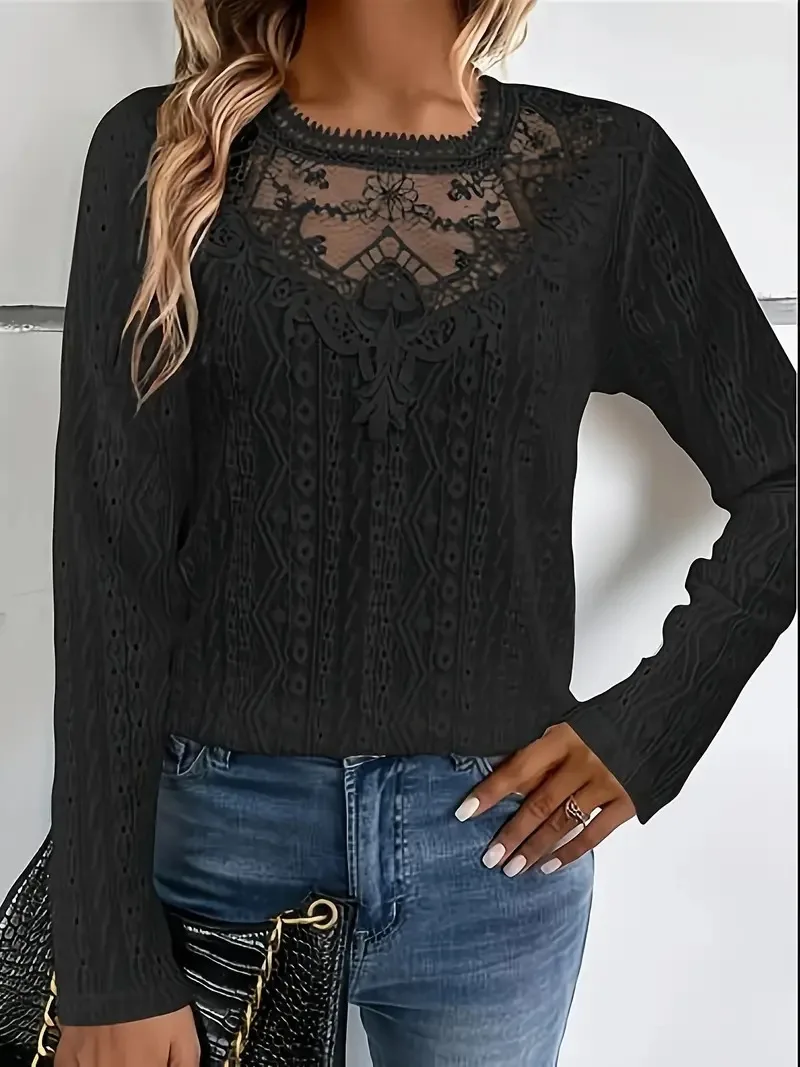 

2024 summer new comfortable elegant fashion solid color lace splicing hollow long sleeve T-shirt