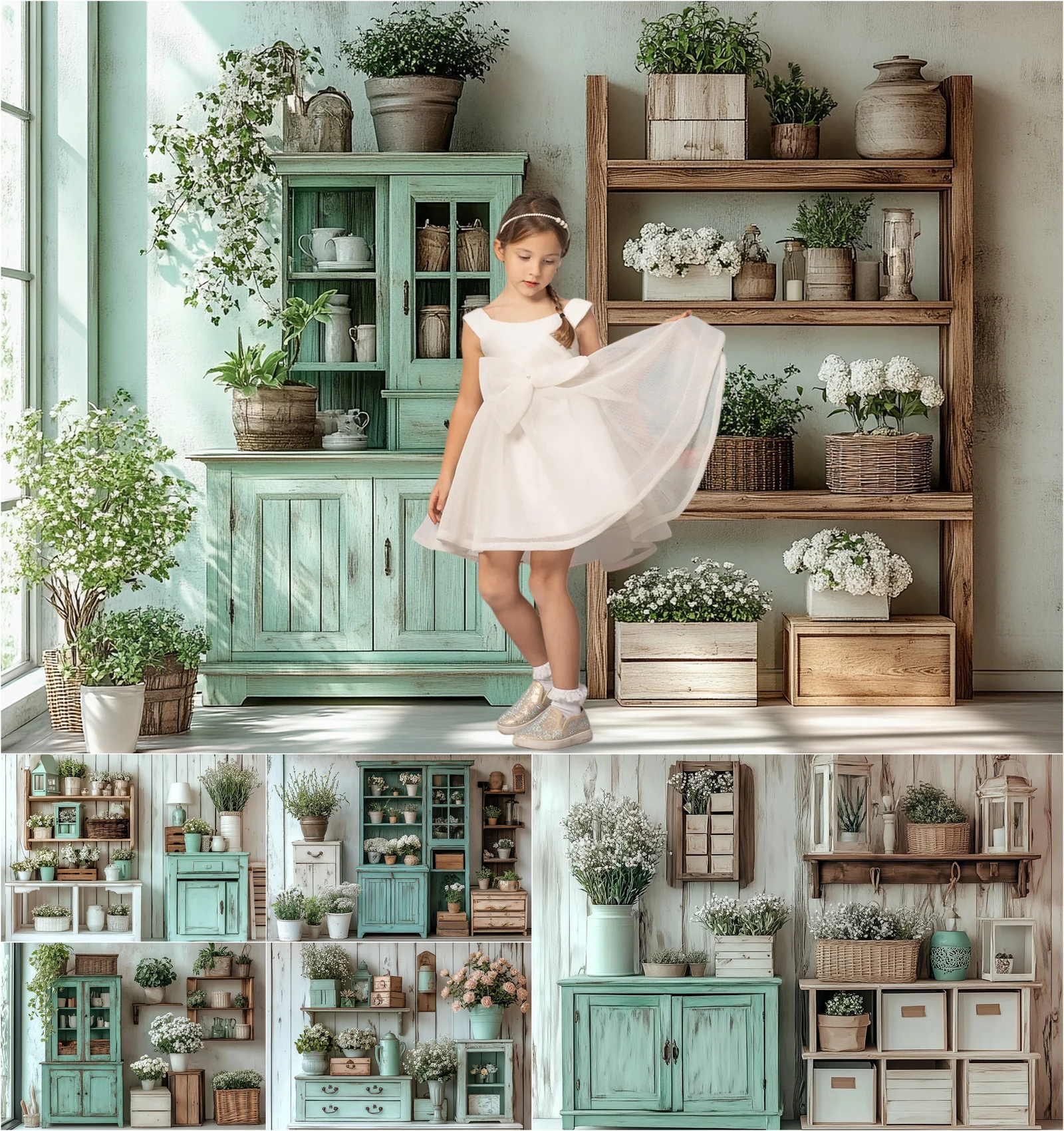 

Mehofond Photography Background Spring Interior Green Cabinet Flowers Kids Adult Portrait Decor Backdrop Photo Studio