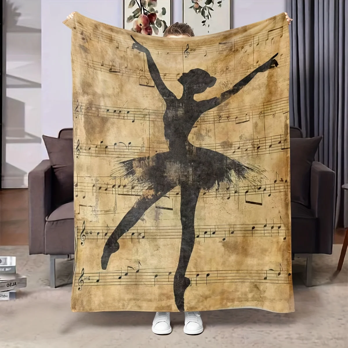 Lanzamiento de bailarina de ballet: franela vintage con notas musicales, chal suave y acogedor para cama/sofá/silla, regalo perfecto para amantes de la música de bailarina