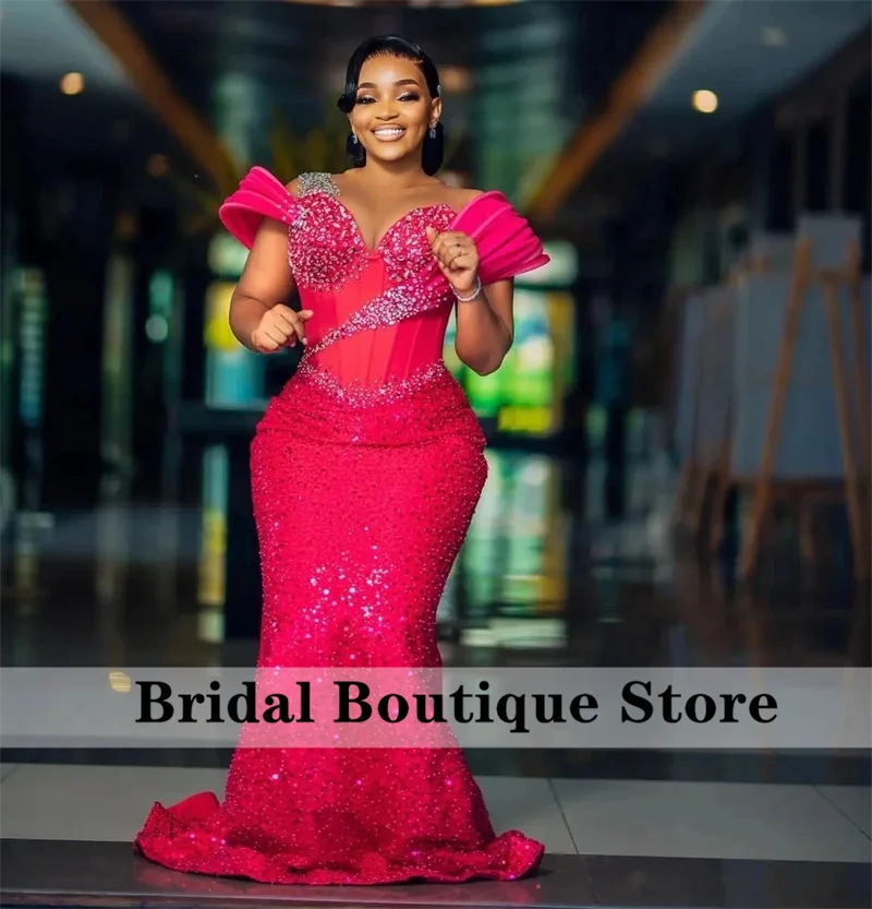 Sparkly Fuchsia Mermaid Evening Dress Crystal Beading Birthday African Wedding Party Gowns Aso Ebi Robes De Soirée Customized