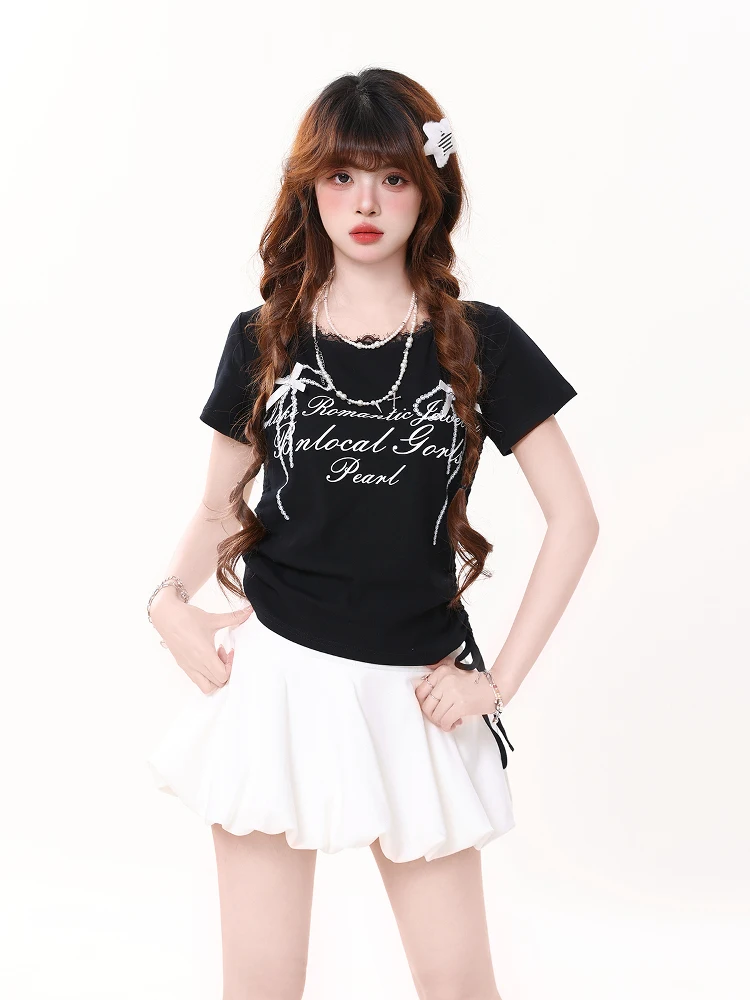 

ENJOG Sweet And Spicy Sle Lace Trim ort Sve T-irt Women's Slim Fit Summer Design ort Length Cotton Blend Top