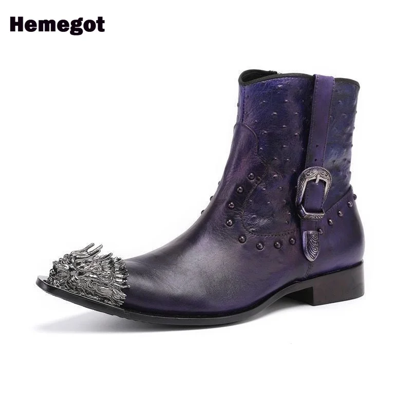 Bottes en Cuir Violet avec Perles Métalliques pour Homme, Fermeture Éclair Latérale Rouge, Grande Taille 37-47