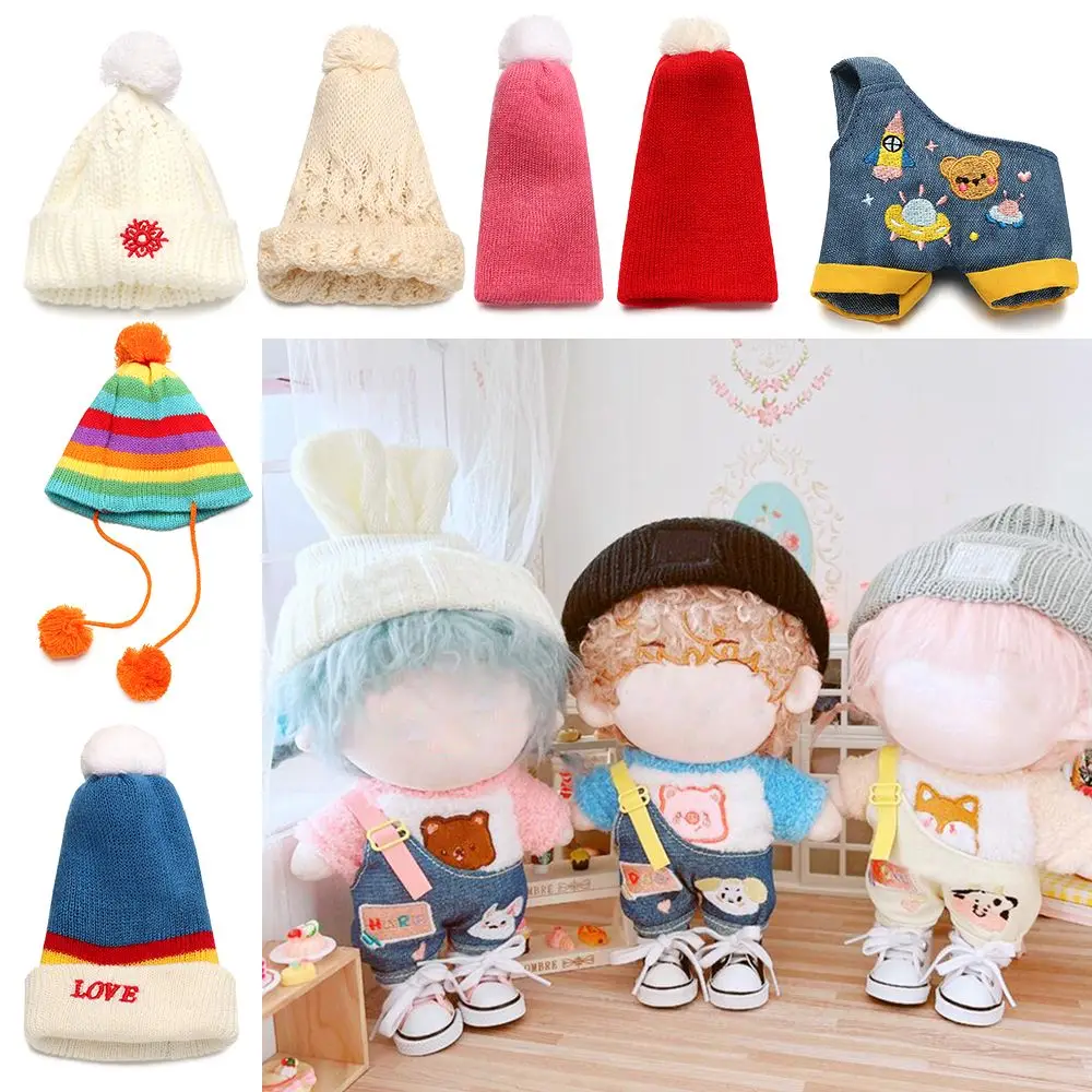 20cm Cartoon Animal Pattern Toy Accessories Doll Clothes Mini Overalls Plush Suspender Pants Knited Hat