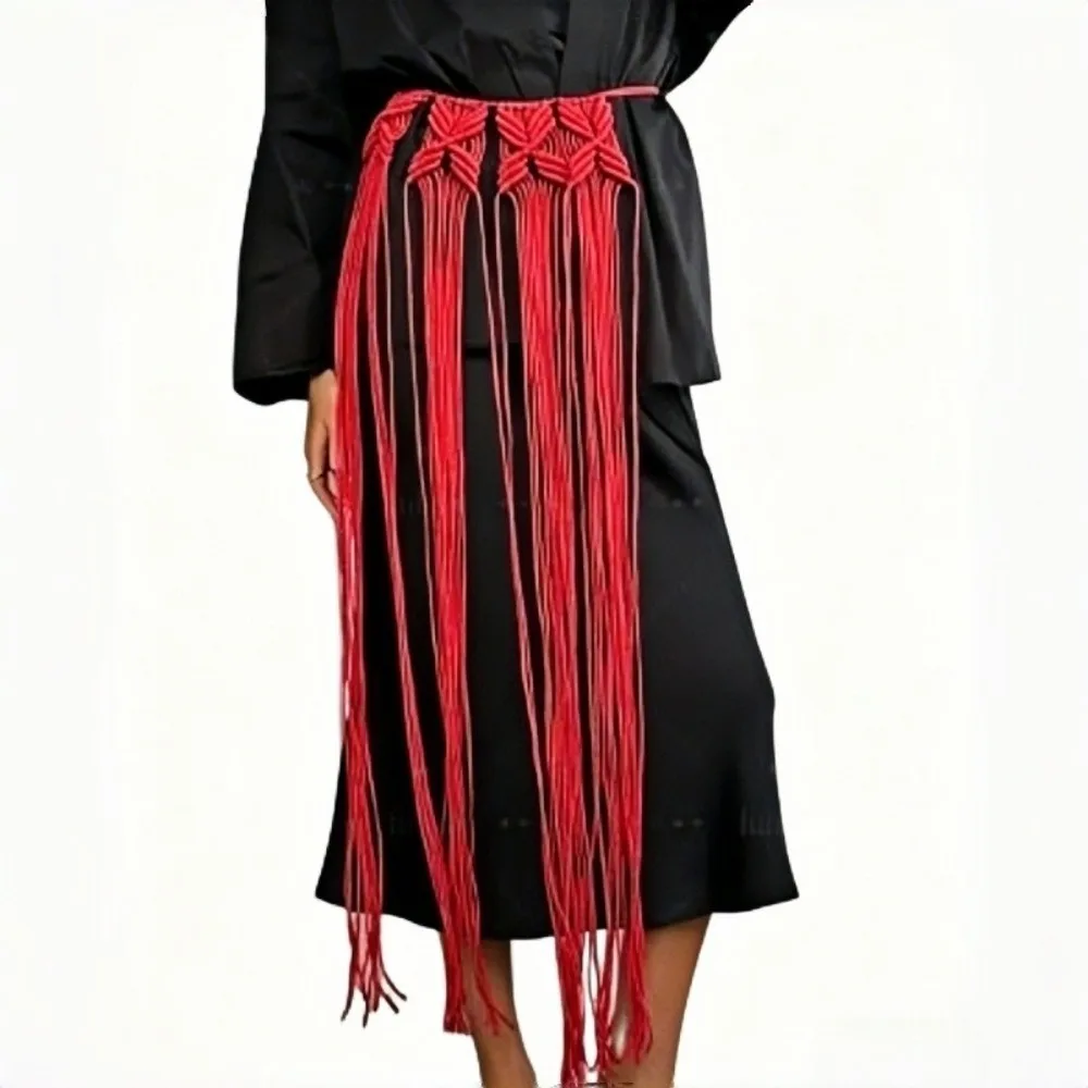 Fashion Bohemian Netted Fringe Waistband Decorative Tassel Ethnic Design Handwoven Bikini Cover Up Waist Wrap Versatile Styling