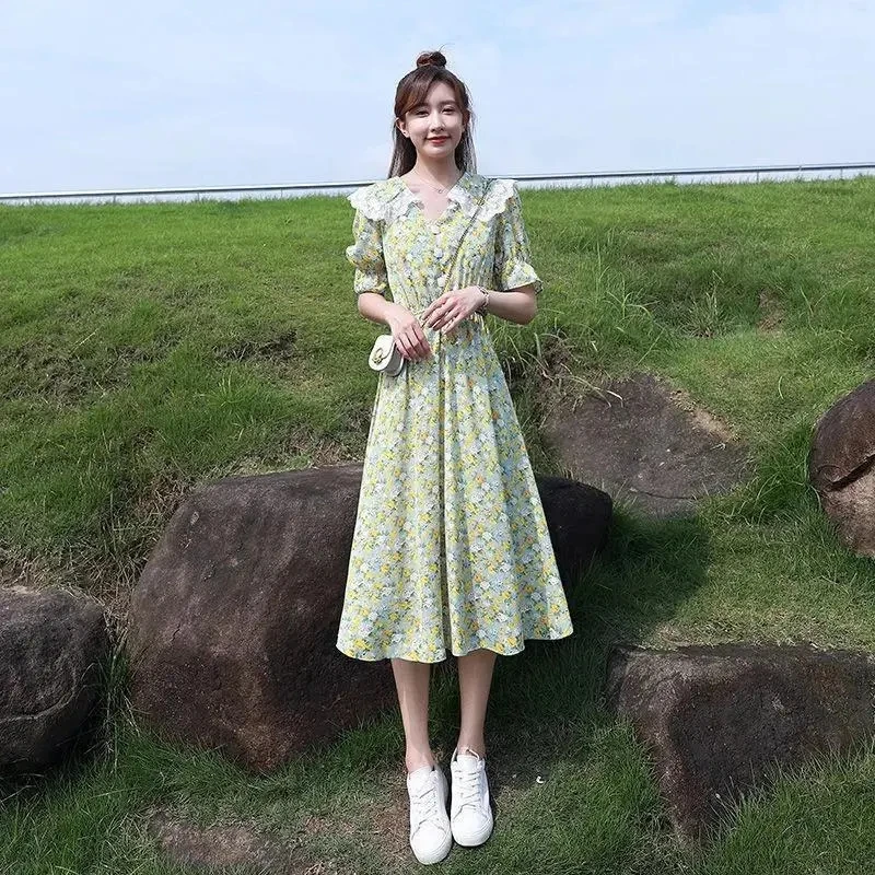 Summer Vintage Floral Dress Women Korean Elegant Sweet Cute Print Midi Dresses doll collar Lace French Holiday Cottagecore Dress