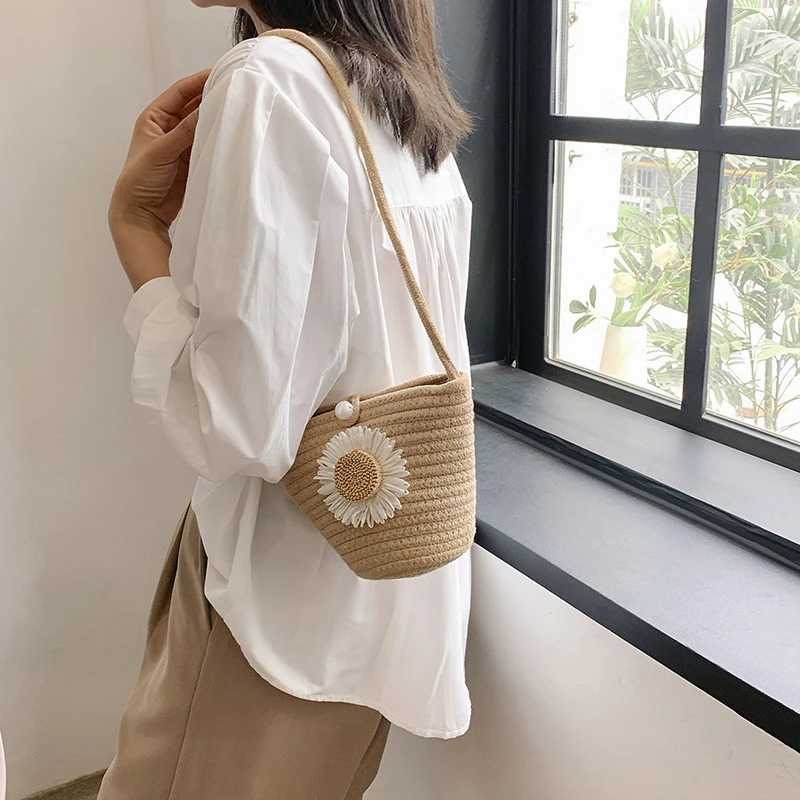 Trendy Woven Crochet Basket Bag Women Cotton Thread Boho Bag Sweet Knitting Crossbody Bag Casual Summer Shoulder Bag