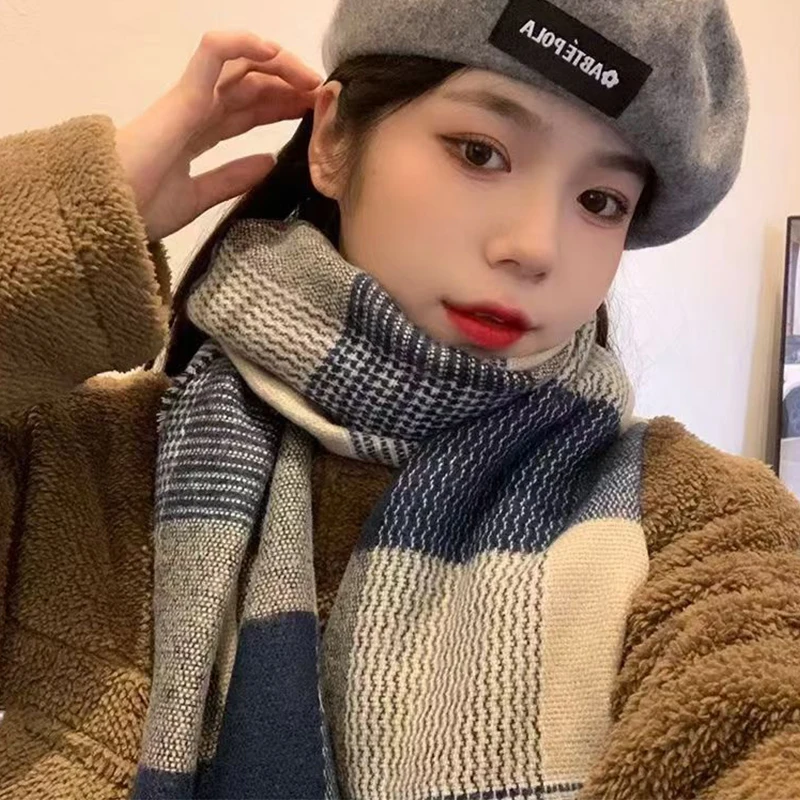

Blue And White Plaid Scarf Women's Winter Warm Neck Shawl Casual All-match Scarf