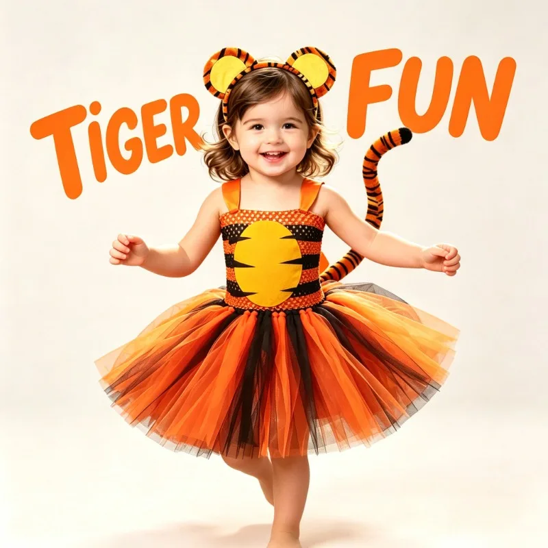 

Cute Cartoon Tiger Dress for Girls, Halloween Animal Themed Outfit, Puffy Tutu Dress for Children's Day Party andPerformance
