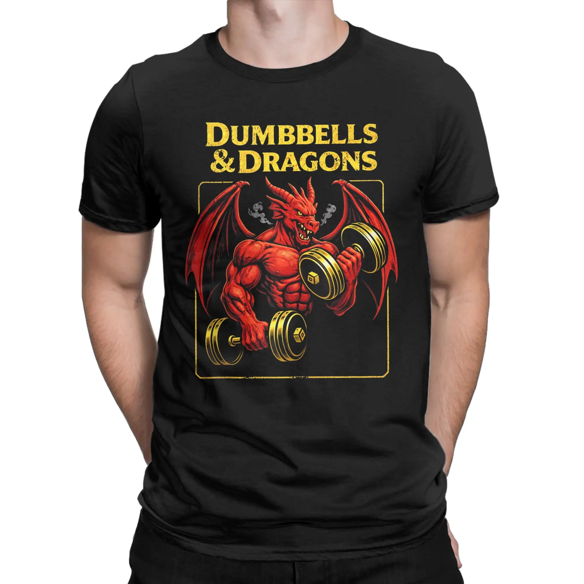 Dumbbells and Dragons Gym T-Shirt for Men  Casual Pure Cotton Tees Round Neck Short Sleeve T Shirts Gift Idea Clothes