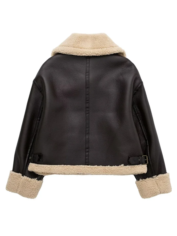 Fitaylor New Autumn Winter Women Vintage Fashion Faux Lamb Fur Short Jackets Female Streetwear Thick Warm Lapel Zipper Pu Coat