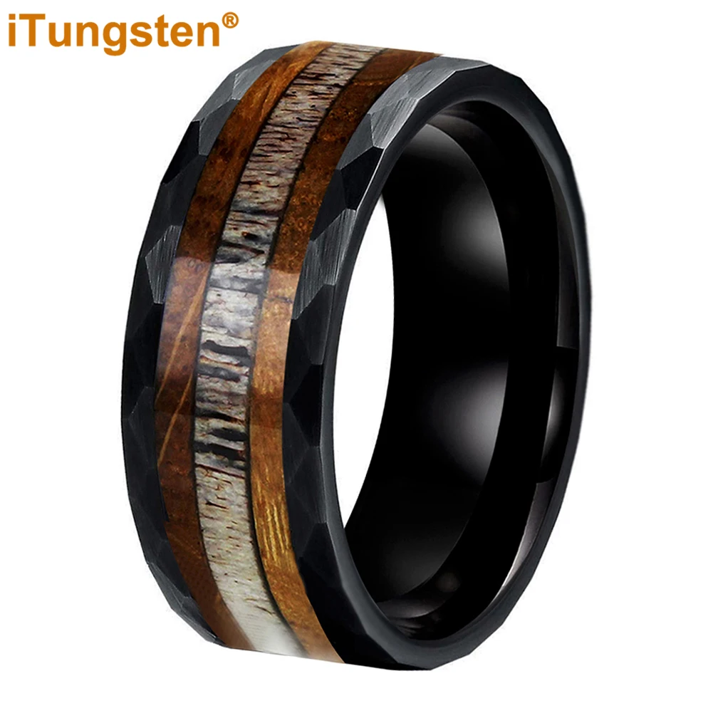 

iTungsten 8mm Black Hammered Tungsten Ring for Men Women Wedding Band Whisky Barrel Oak Wood Inlay Trendy Jewelry Comfort Fit