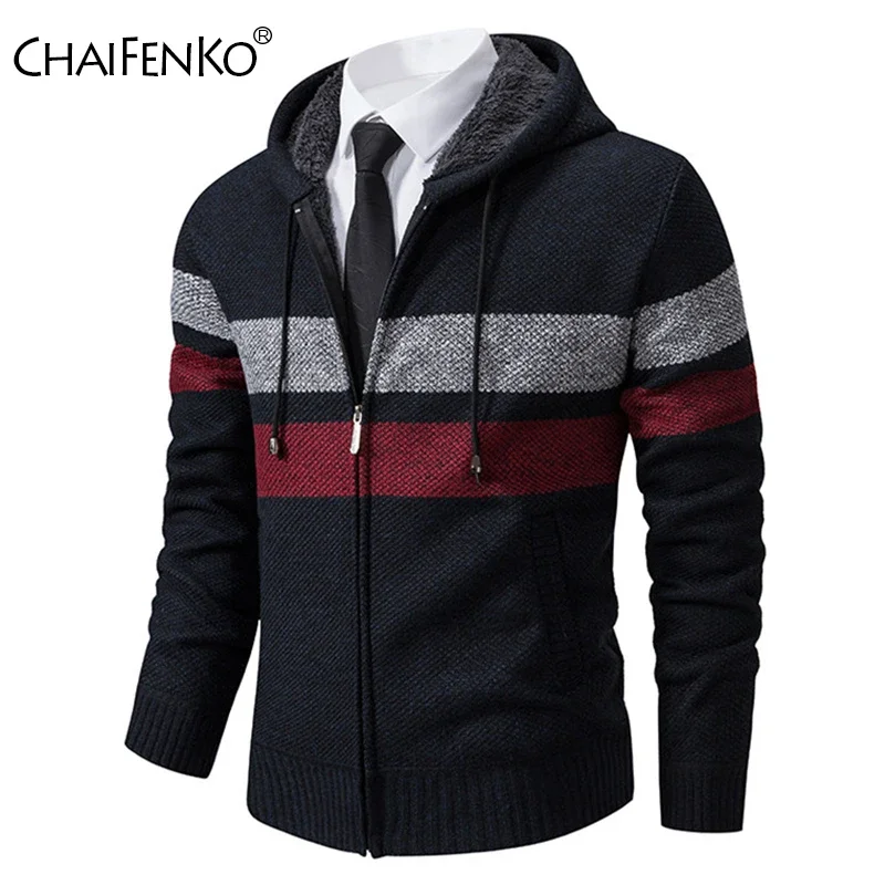 Autumn Winter Casual Thickening Men Coats New Cardigan Sweater Fashion Hooded Striped Color Blocking Keep Warm Knitted Sweater