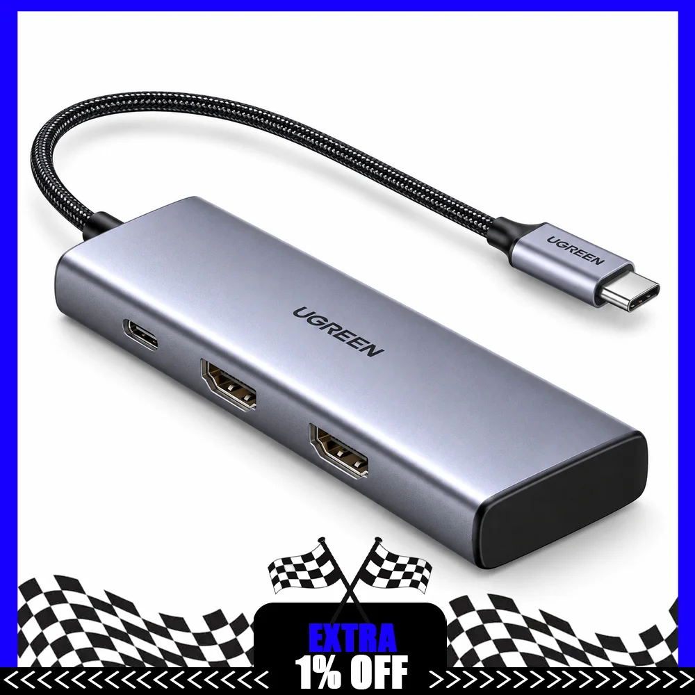 UGREEN CM498 15769 6-in-1 USB-C Hub, Dual HDMI (8K 30Hz HDMI 2, 4K 60Hz HDMI 1), 3 USB 3.0, 100W PD Input