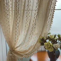 Boho Curtains for Living Room Vintage Handmade Crochet Farmhouse Hollow Out Knitting Lace Rod Light Filtering Drapes Bedroom