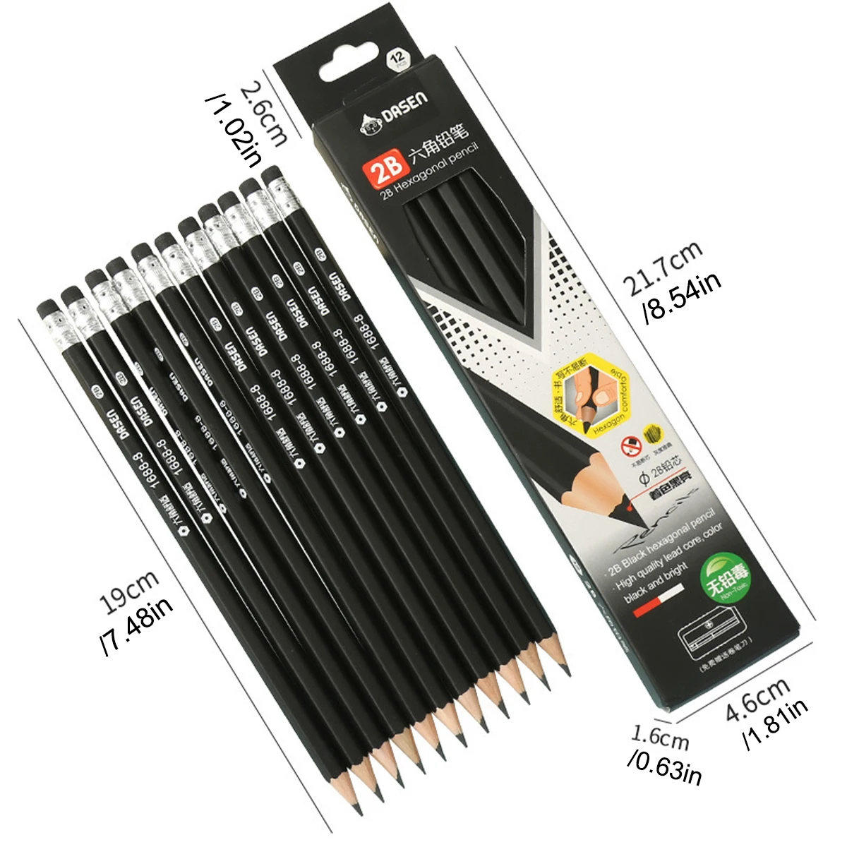 12-Pack Boxed Black 2B Pencils with Erasers for Students, Exam Marking, Office, and Meeting Use