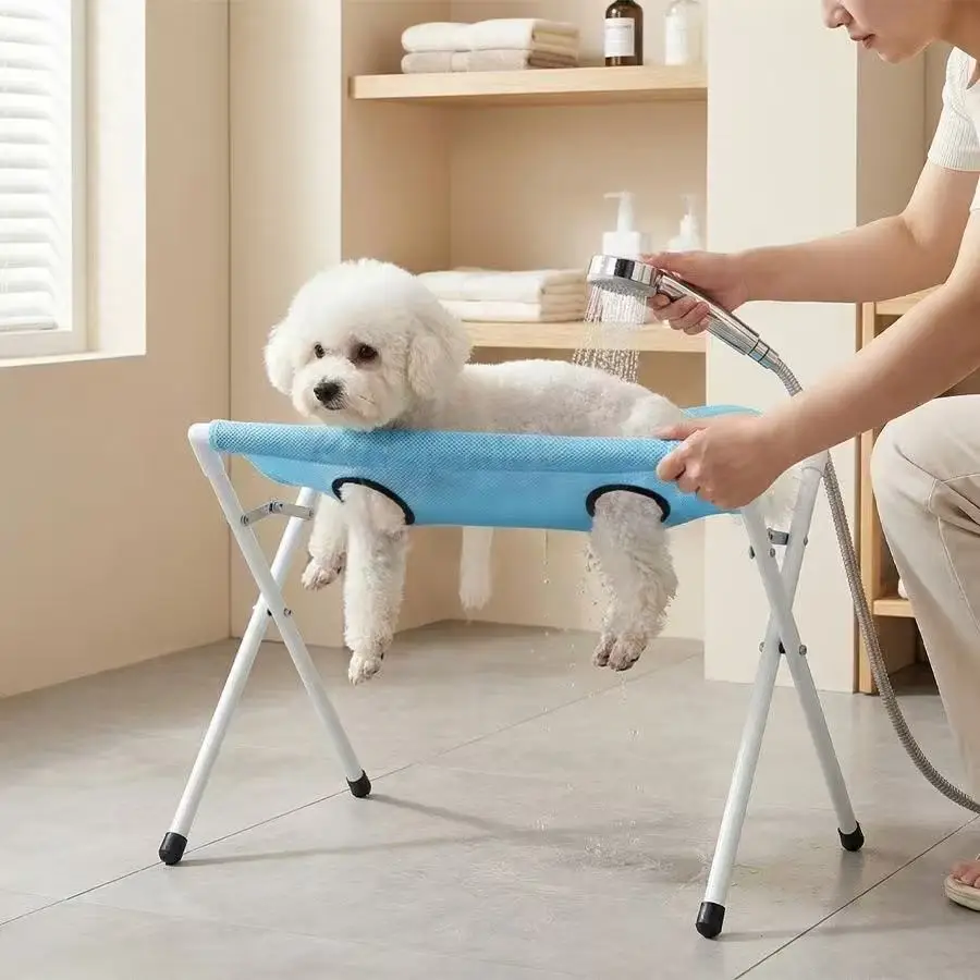 portable-foldable-hands-free-stainless-steel-frame-breathable-mesh-support-pet-shower-rack-cat-dog-bathing-stand-for-bathing
