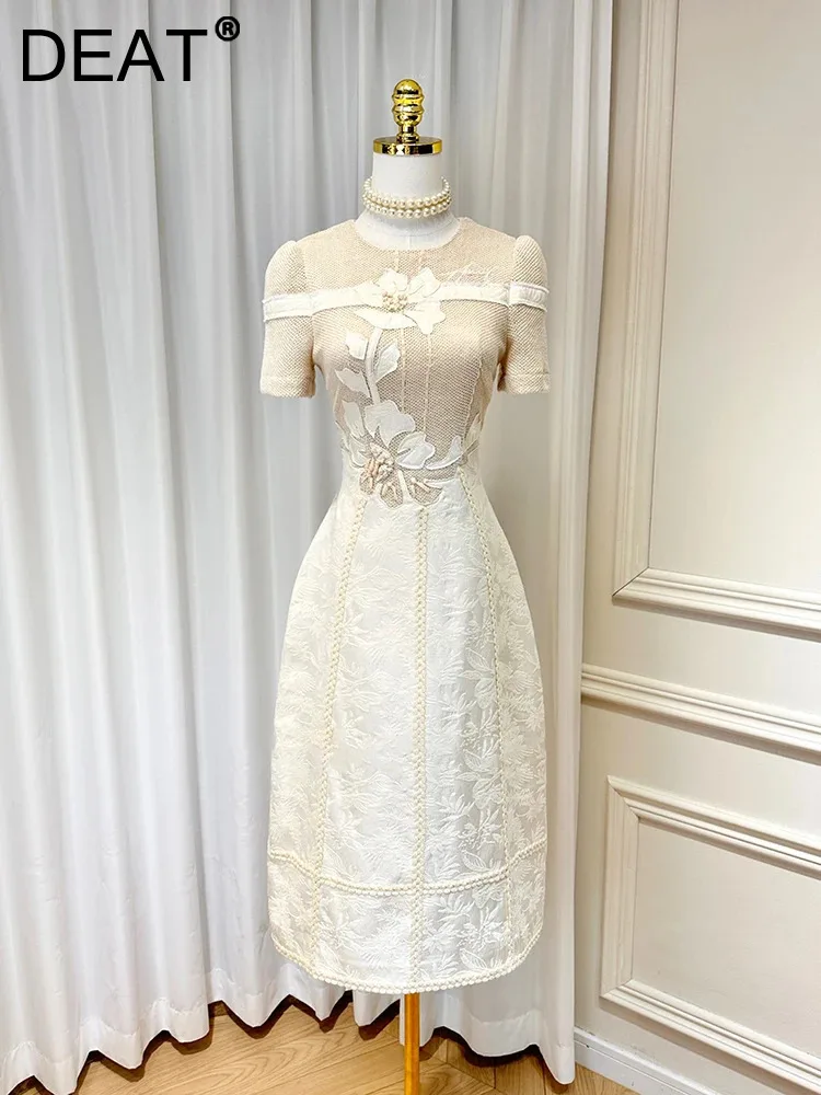 DEAT Women\'s Elegant Embroidery Flower Patchwork Dress New Models Short Sleeve Round Collar High Waist Female Dresses 15C397