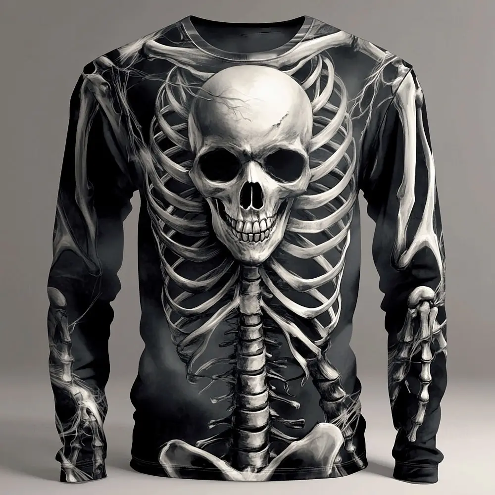 

2025 Halloween Skeleton Prints Long Sleeve T-Shirt for Men Gothic Trendy Streetwear Casual Tops Halloween Party Tees Fall Winter