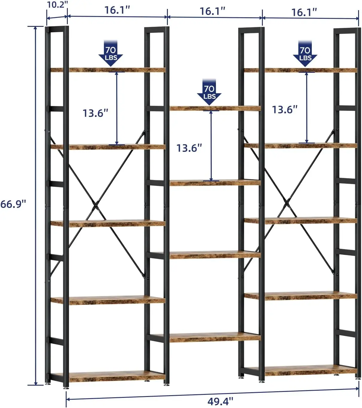 

5-уровневая книжная полка с тройной колонкой, книжный шкаф с 14 открытыми полками для витрины, регулируемые книжные полки в деревенском индустриальном стиле, горячая распродажа