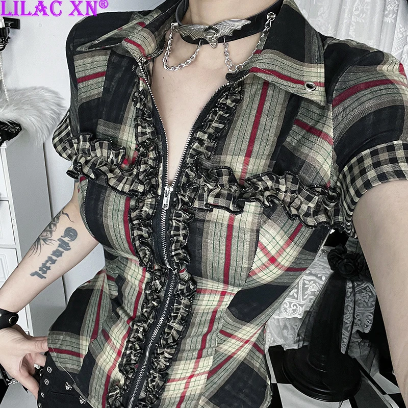 

Lilac XN Y2K Vintage Plaid Ruffle Short Sleeve Slim Shirts Blouse Fashion Zipper Lace-up Corset Tops Women Summer Streetwear