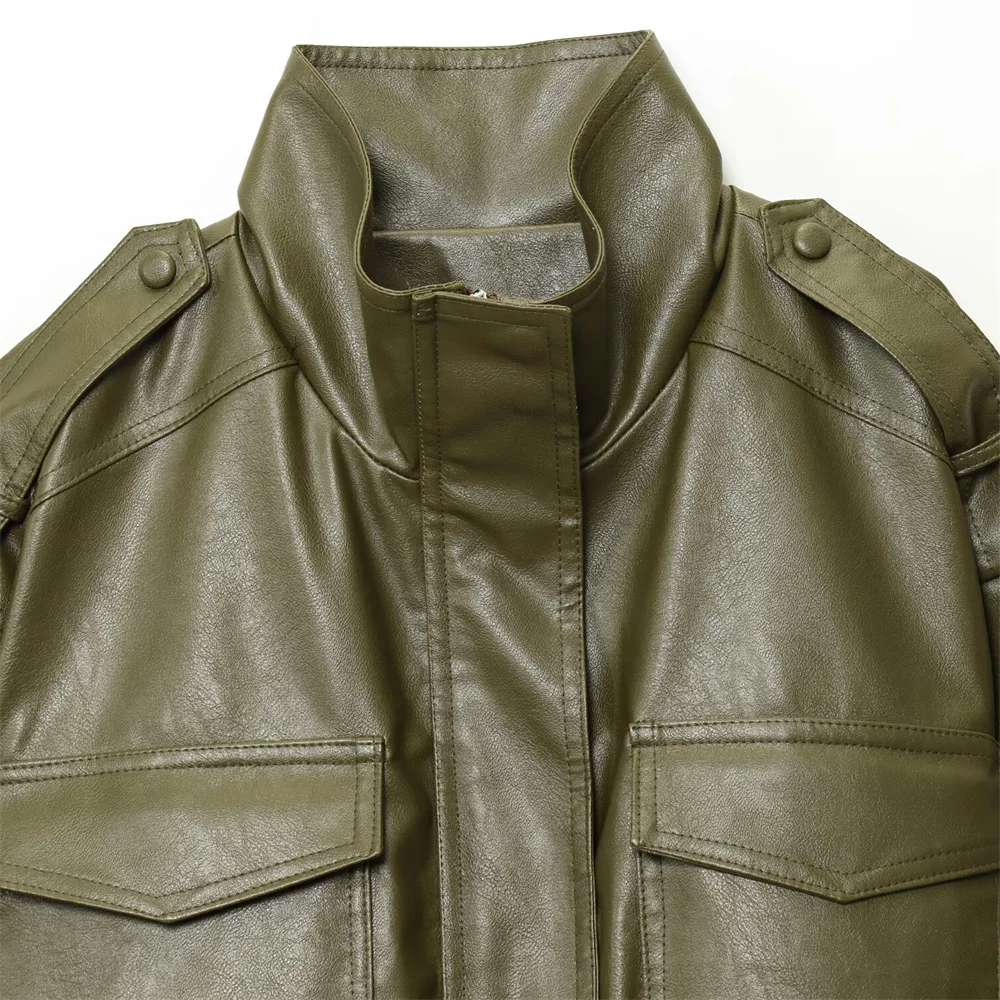 سترة نسائية جديدة للخريف والشتاء متعددة الاستخدامات بياقة واقفة وأكمام طويلة بلون سادة وتأثير من الجلد المقلد #3