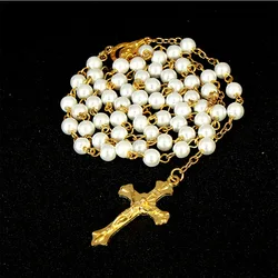 6MM Pearl Rosary Bead Necklace For Women Catholic Religious Crucifix Cross Pendant Long Chain Female Prayer Jewelry