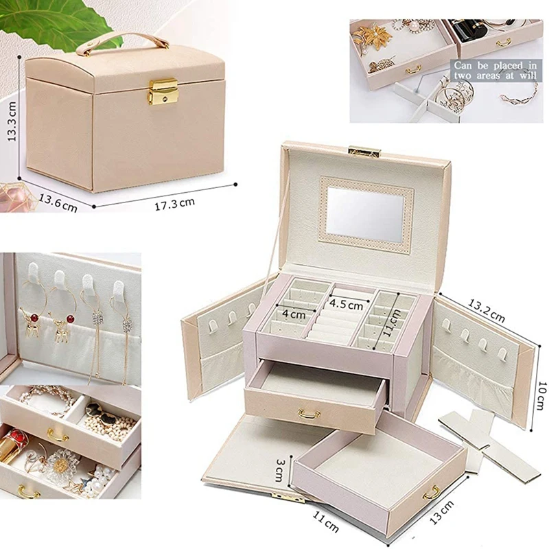 Jewelry Box Large Capacity Earrings Necklace With Mirror Watch Jewelry Inlaid Storage Box Pink