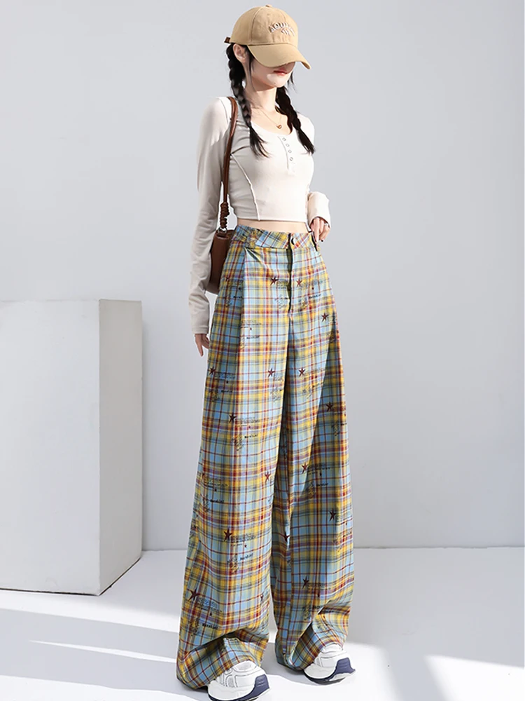 Retro Plaid Patchwork Casual Pants Women Summer High Waist No Pendant Loose Wide Leg Pants Y2K Korean All Match Jogging Trousers