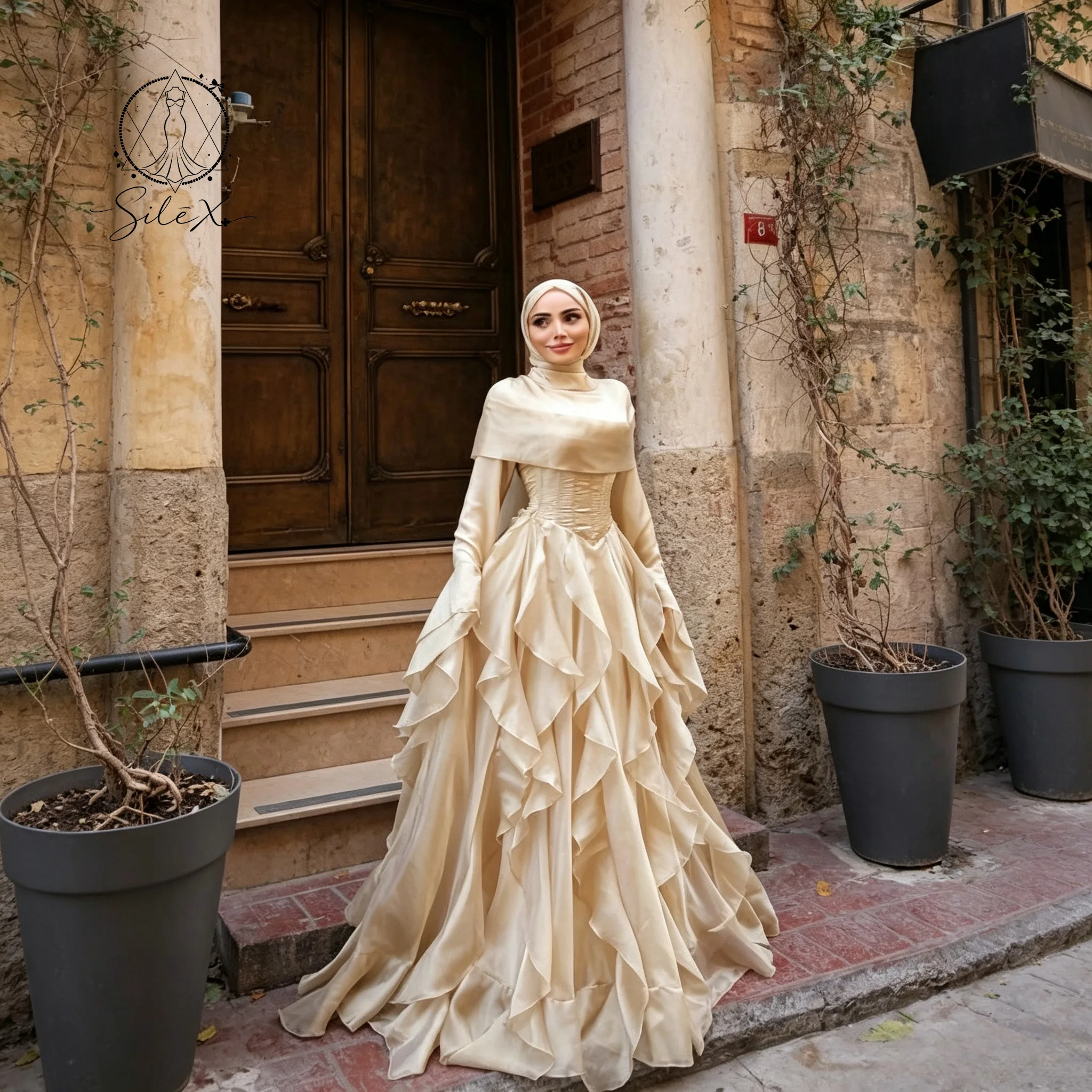 Champagne Modest Hijab Bridal Gown Long Flare Sleeve Corset Multi‑Layer Ruffled A‑Line Elegant Muslim Wedding Dress