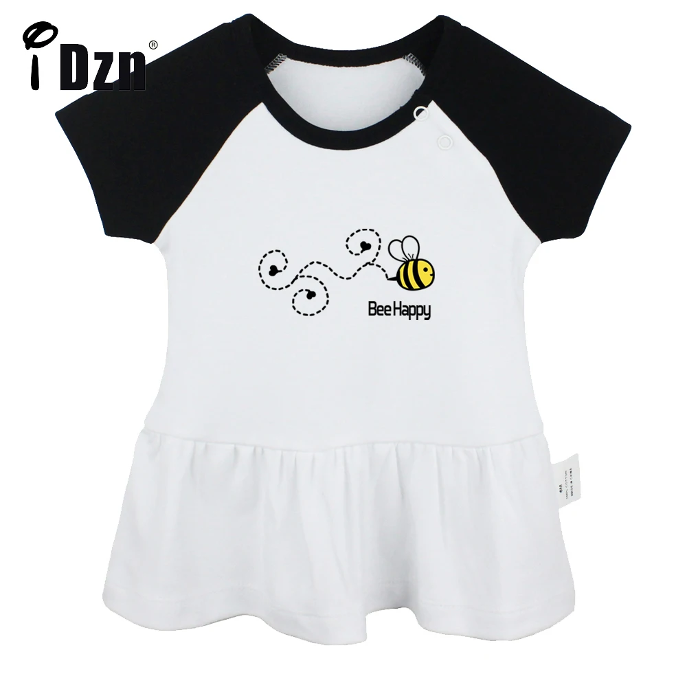 iDzn Summer NEW Bee Be Happy Baby Girls Cute Short Sleeve Dress Infant Funny Pleated Dress Soft Cotton Dresses Clothes