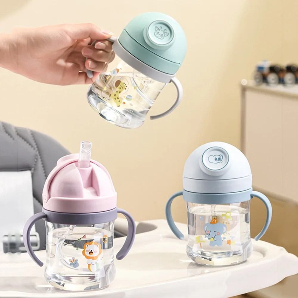 

Многоразовая детская тренировочная чашка с мультяшными животными, бутылочка для воды с двойной ручкой для младенцев, герметичная прочная детская обучающая чашка для питья