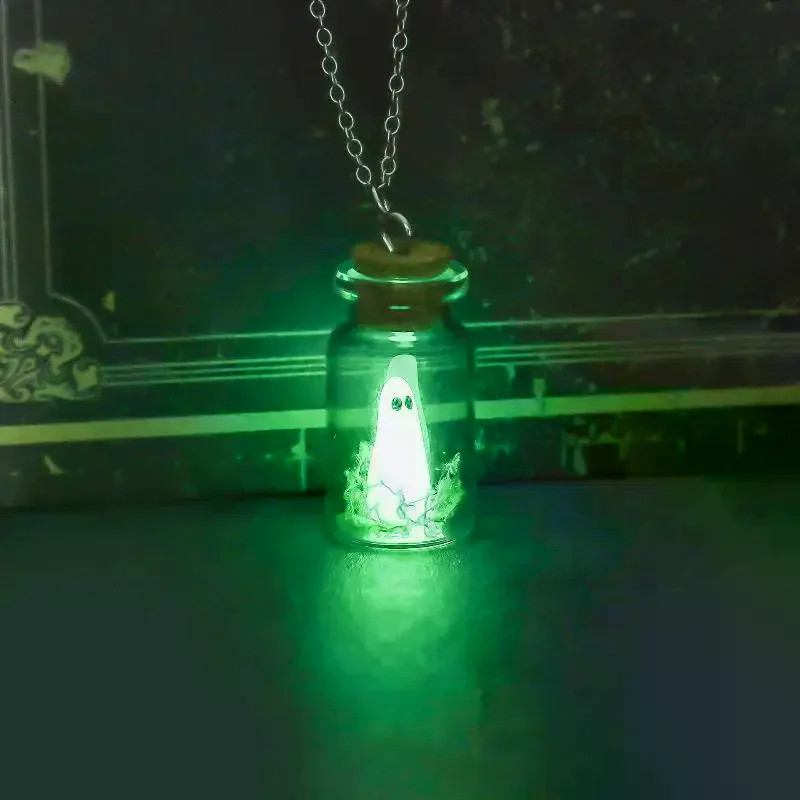 Luminous Ghost Necklace Halloween Tiny Glow Drifting Bottle Adopt Ghost Earrings Creative Design Green Specter Jewelry Gift