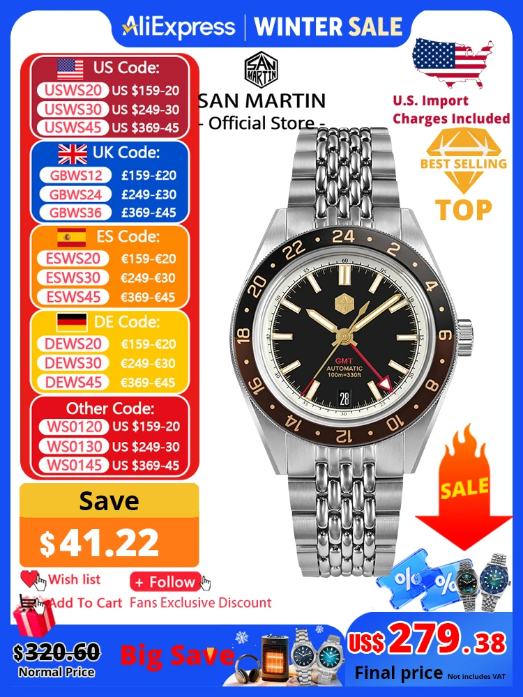 San Martin nuevo 39,5mm NH34 GMT reloj para hombre bisel de aluminio bidireccional zafiro mecánico automático de lujo 10Bar luminoso SN0116