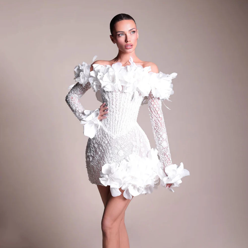 Gaun Pengantin Mini Mewah Gaun Mandi Pengantin Pendek Bunga A-Line Lengan Penuh Applique Bahu Terbuka Tanpa Tali Disesuaikan