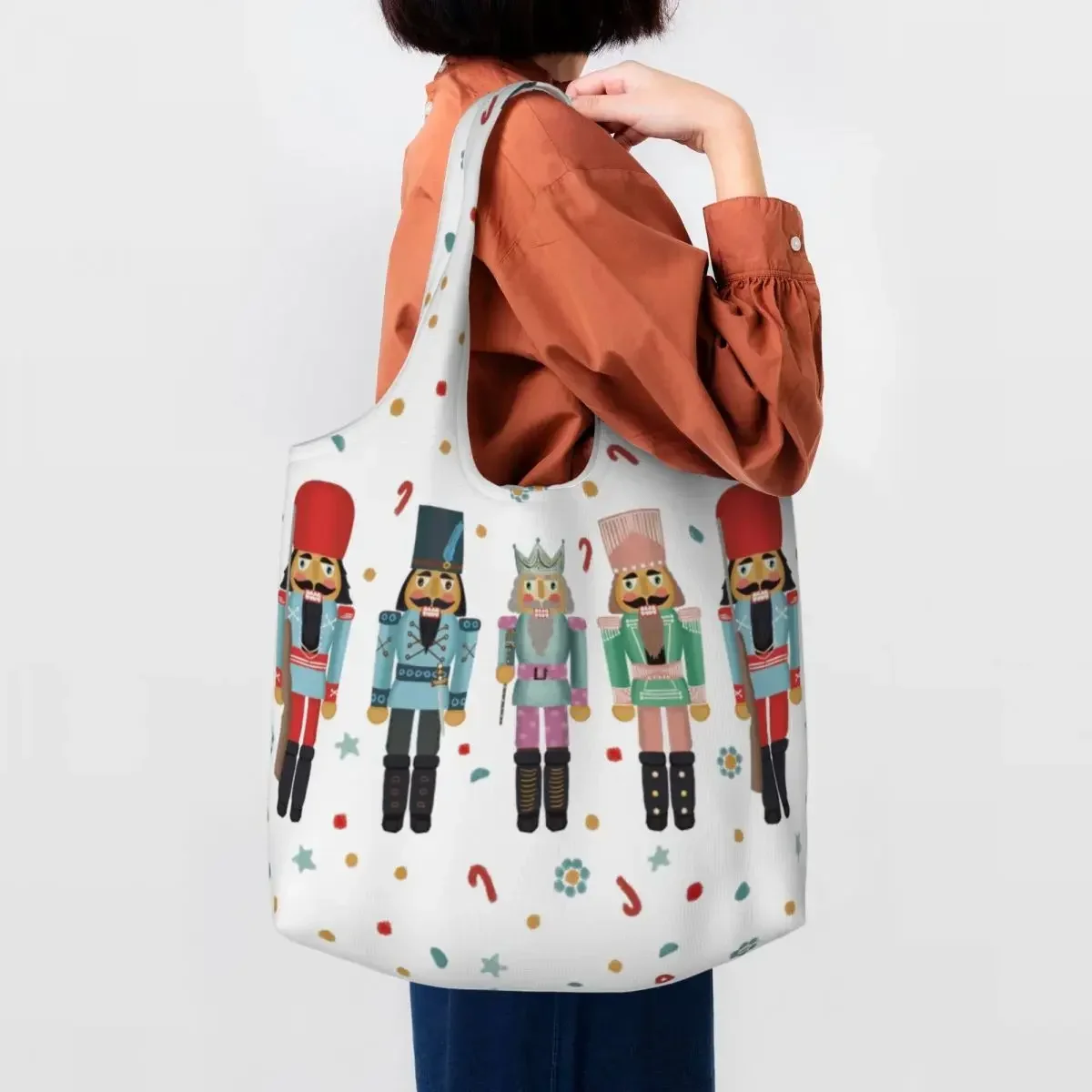 Kawaii Nutcracker Party Shopping Tote Bags Christmas Nutcrackers Toy Soldier Canvas Groceries Shopper Shoulder Handbag Gifts