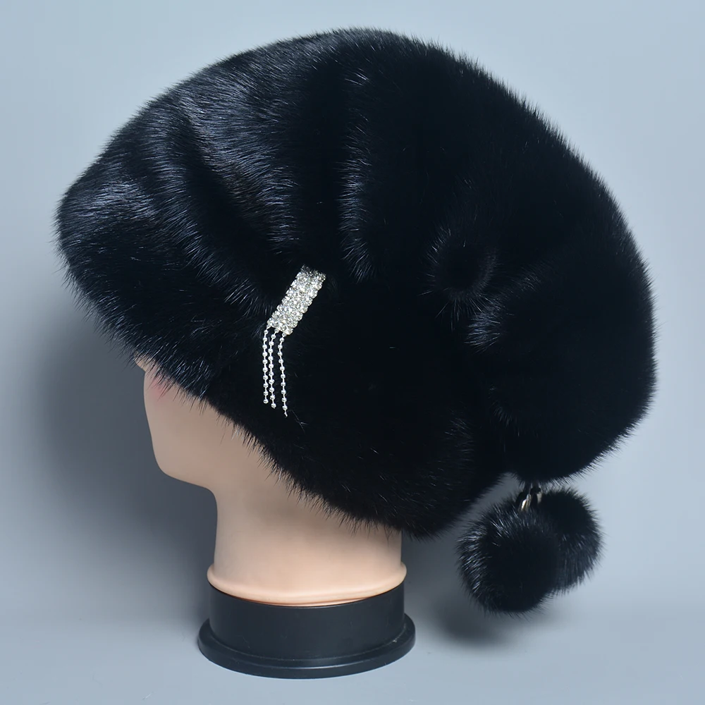 Whole Genuine Mink Fur Hats Female Winter With Mink Fur Pompons Elegant Luxury High Quality Ladies Beanie Hat