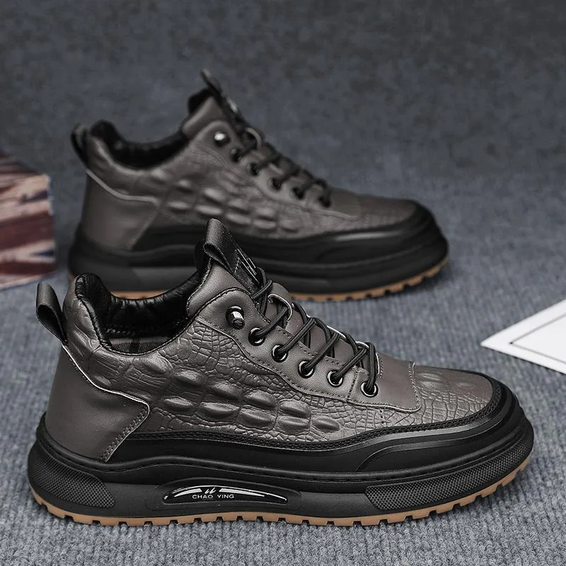 Men's Crocodile Print Retro Leather Sneakers Platform Men Dad Shoes Slip On Casual Outdoor Walking Shoes Sports Tenis Masculino