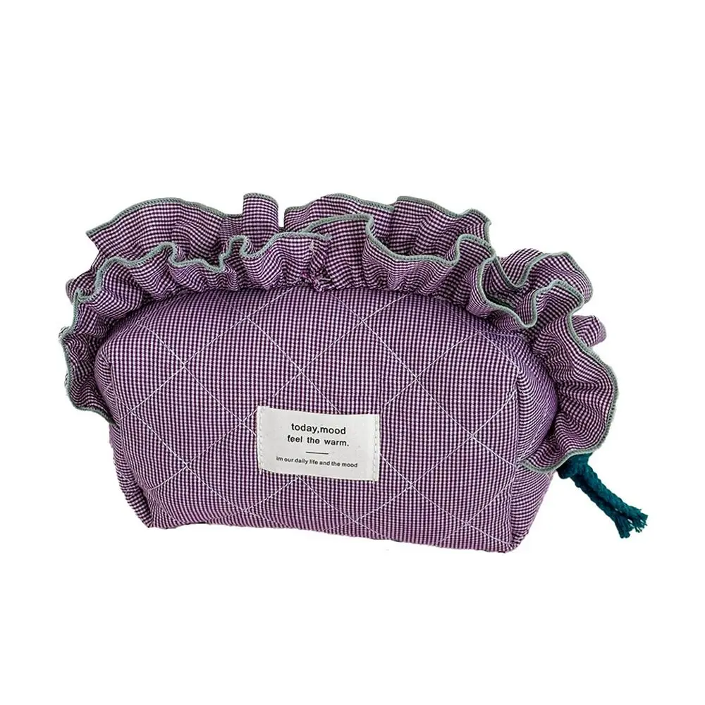 Vintage Gingham Cosmetic Makeup Bag Ruffled Edges Organizer Cosmetic Pouch Large Capacity Sweet Lace Clutch Cosmetic Storage